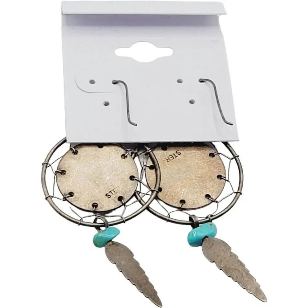 Vtg Navajo Kokopelli Sterling Silver Dream Catcher Earrings‎ with Turquoise